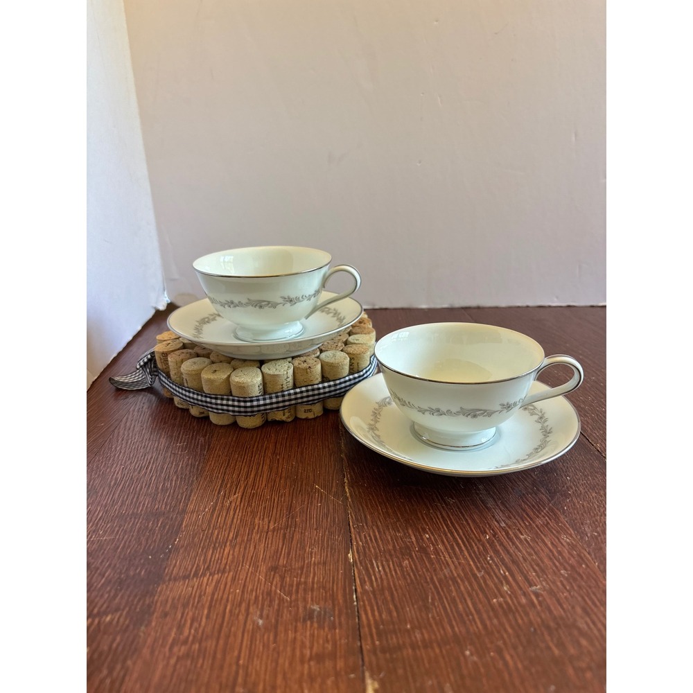Noritake Crestmont 6013 Teacup and Saucer Set Grey Floral Platinum Trim Japan